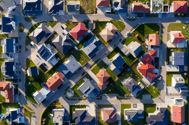 Aerial view of suburban rooftops